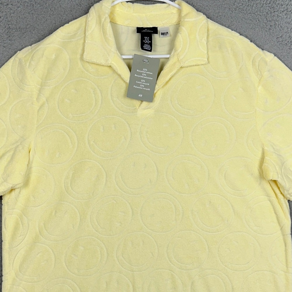 NEW H&M Polo Shirt Mens XL Yellow Smiley Face Embossed Terry Cloth Johnny Collar